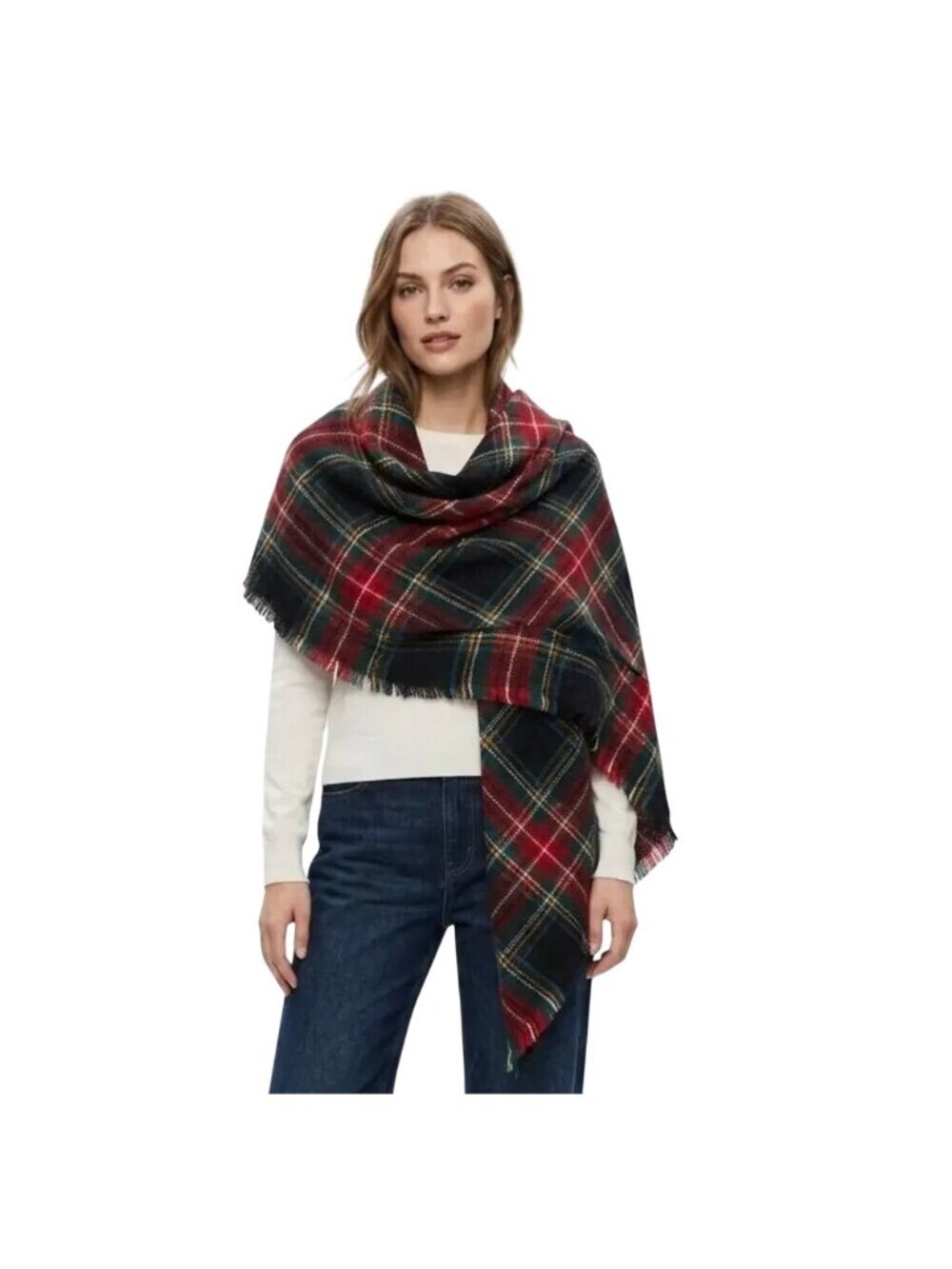 David & Young Tartan Plaid Square Blanket Scarf Fray Trim in Black Red One Size